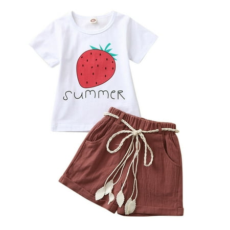 

Toddler Kids Baby Girl Summer Strawberry Fruit Letter Print Tops Shorts Outfits Set Fashion Children s Suit