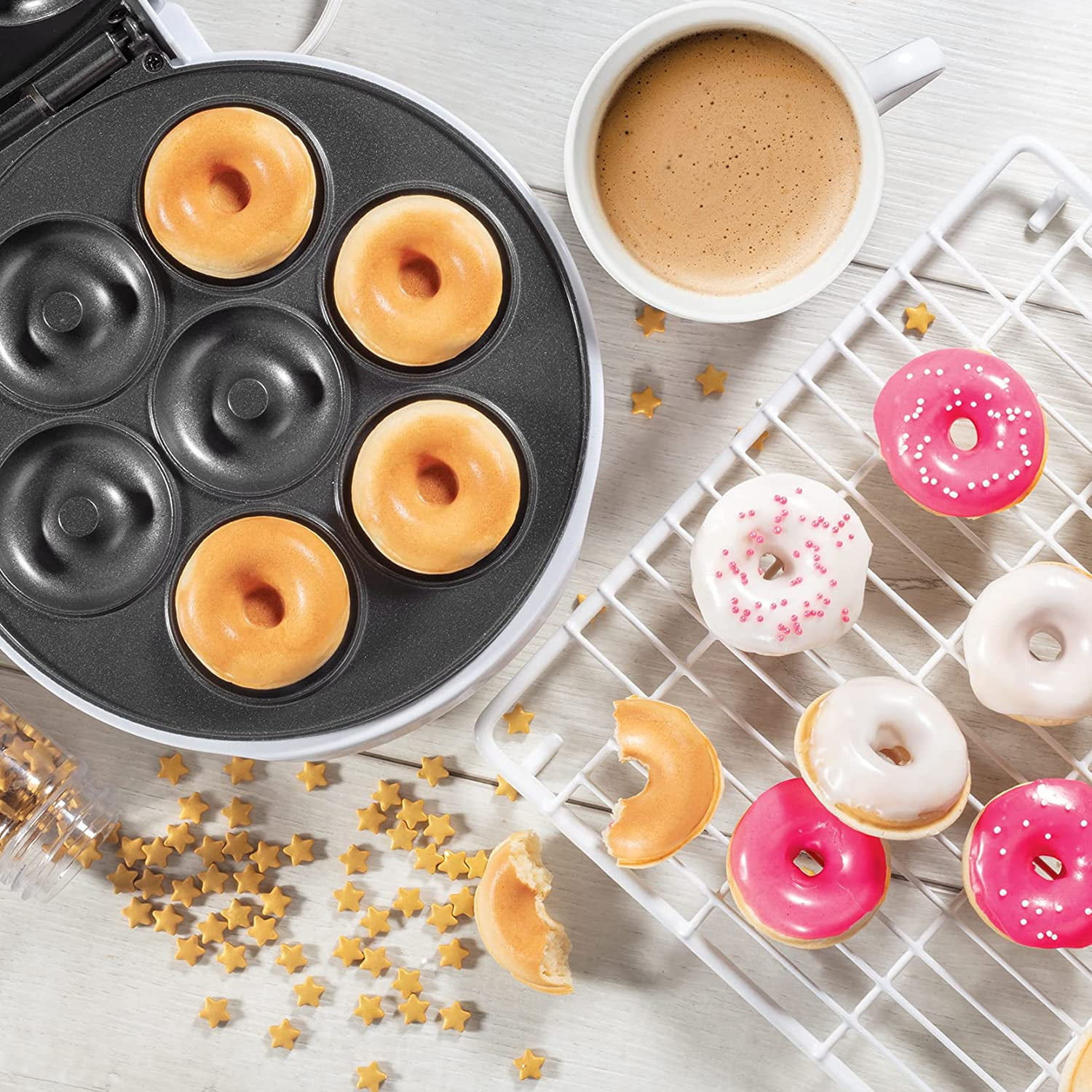 Mini Donut Maker- Electric Non-Stick Surface Makes 7 Small Doughnuts,  Decorate, Frost or Ice Your Own for Kid Friendly Treat- Unique Baking  Activity