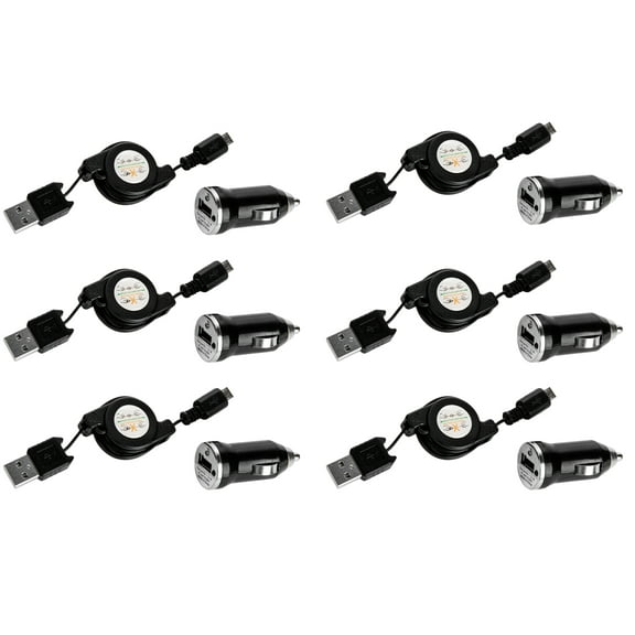6 Pack Tangle-Free Retractable Micro USB Car Charging Cable For Cellphones, Digital Cameras, And Other Electronics (Black)