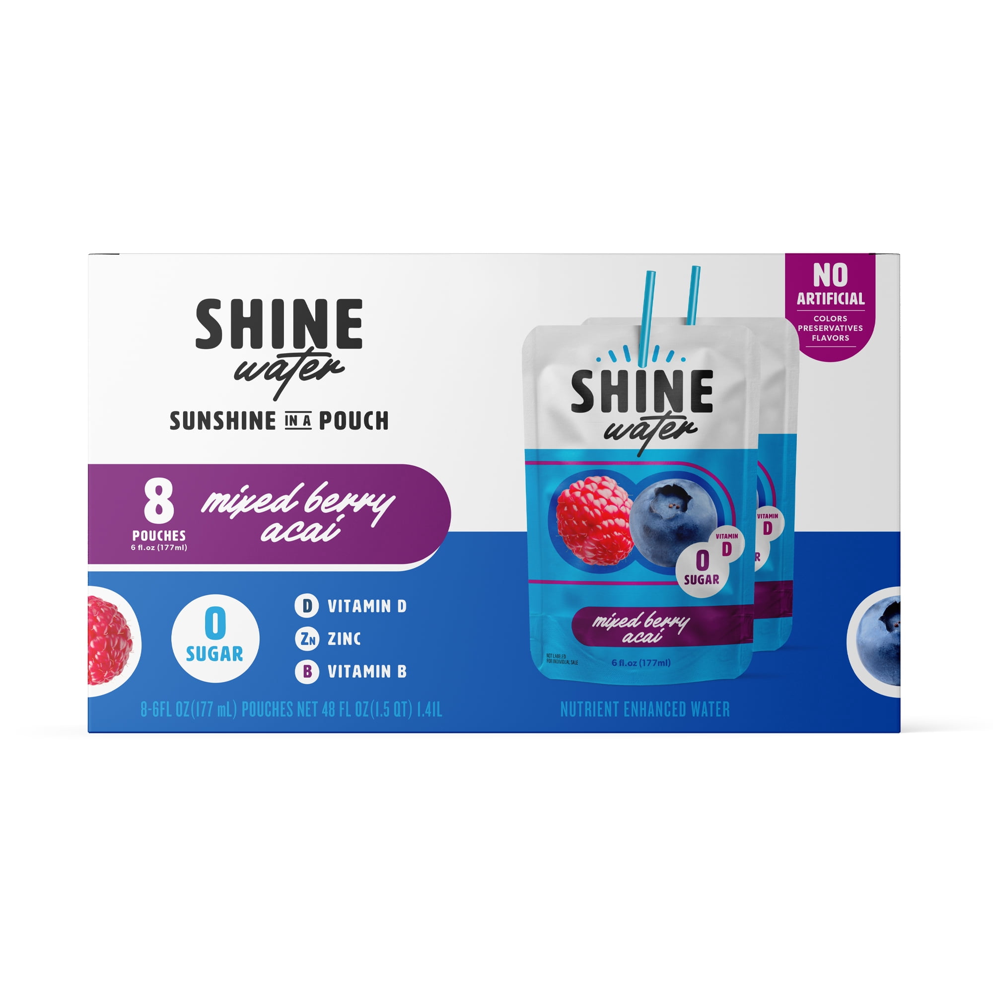(2 pack) ShineWater, Vitamin D, Antioxidants, Zero Sugar, Mixed Berry Acai, Box of 8 Pouches