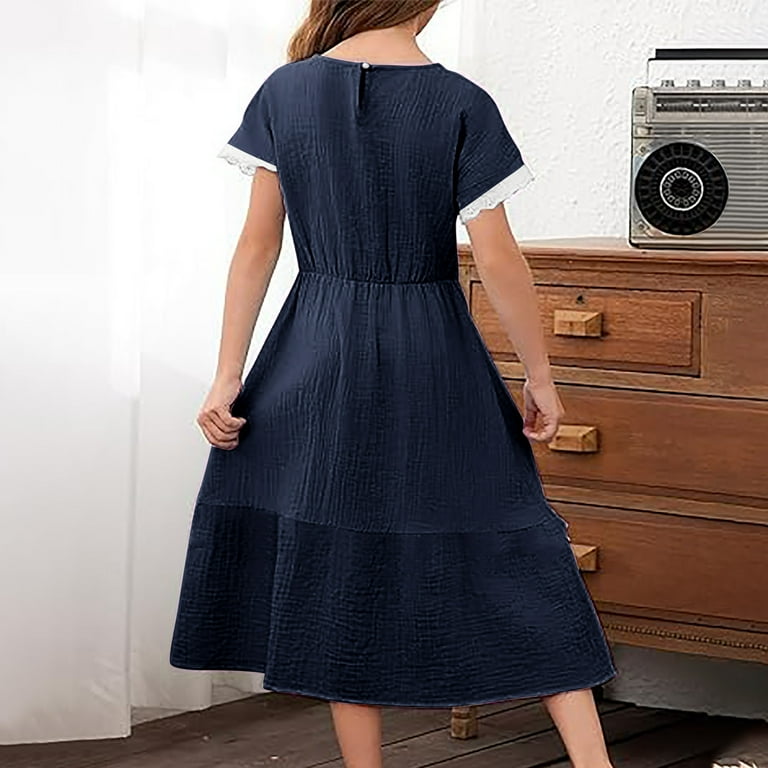 Kids Sparkly Dress Girls Short Sleeve Dresses Lace Sleeve Dress Summer  A-Line Sundress Casual Summer Flowy Midi Dresses Girls Turtleneck Dress Navy  4Y - Walmart.com