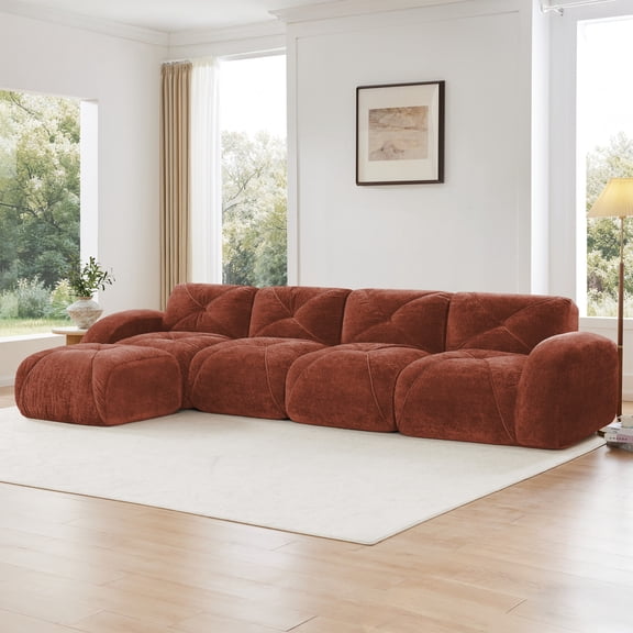 141" Oversized Modular Sectional Sofa, L-Shaped Boneless Couch with Deep Seat, 5-Seater Velvet Cloud Couch with Ottoman for Living Room, Red