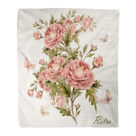 - LADDKE Throw Blanket 58x80 Inches Red Watercolor Rose Bouquet with Butterflies 1 Vintage Retro Pastel Toned Pink Warm Flannel Soft Blanket for Couch Sofa Bed