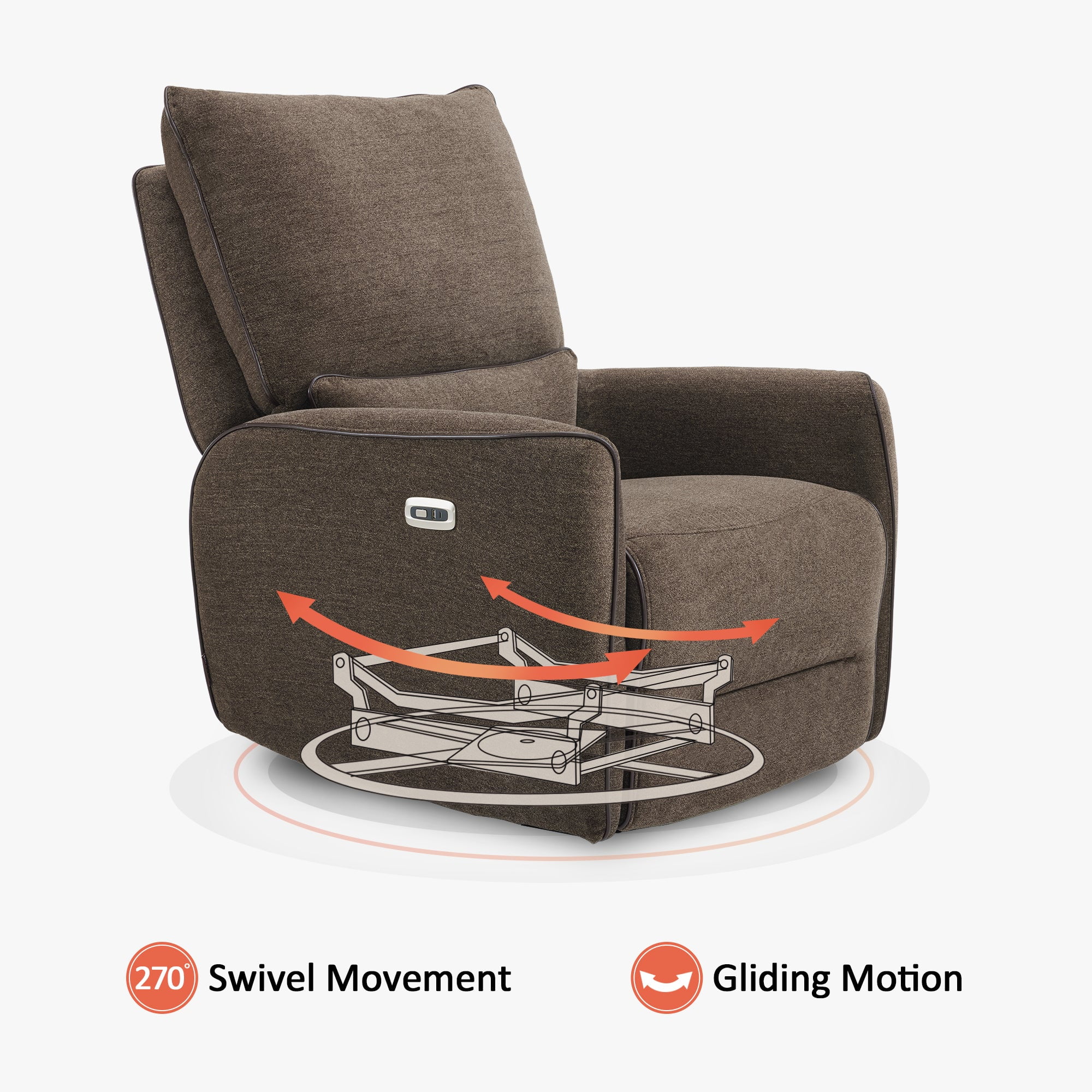 MCombo Power Swivel Glider Recliner Chair, Electric Rocker Recliner Chairs with USB Charging Ports for Living Room and Nursery, Fabric 6922 (Brown)