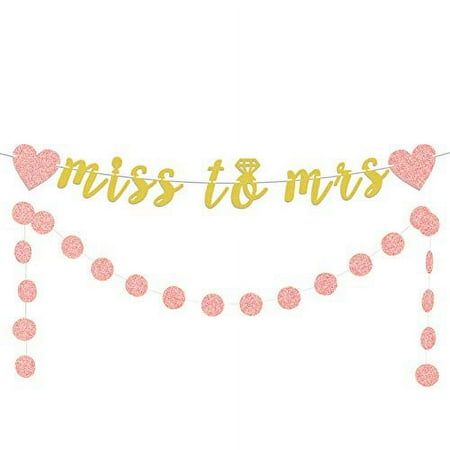 LASKYER Miss to Mrs Rose Gold Glitter Banner 2pcs Heart with Circle Dots Set Perfect for Wedding Bachelorette Engagement Party Decorations.
