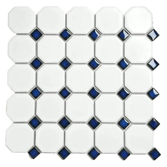 Octagon Porcelain Mosaic Tile – Matte White with Glossy Cobalt Blue Dot, Italian Design for Backsplash, Bathroom, Floor & Wall Use (1 Sheet)