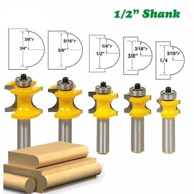 ziyahi 5Pcs Half-round Bearing Router Bits Bullnose Router Bit Set with C3 Carbide Tipped 1/2 Round Ball Milling Bits