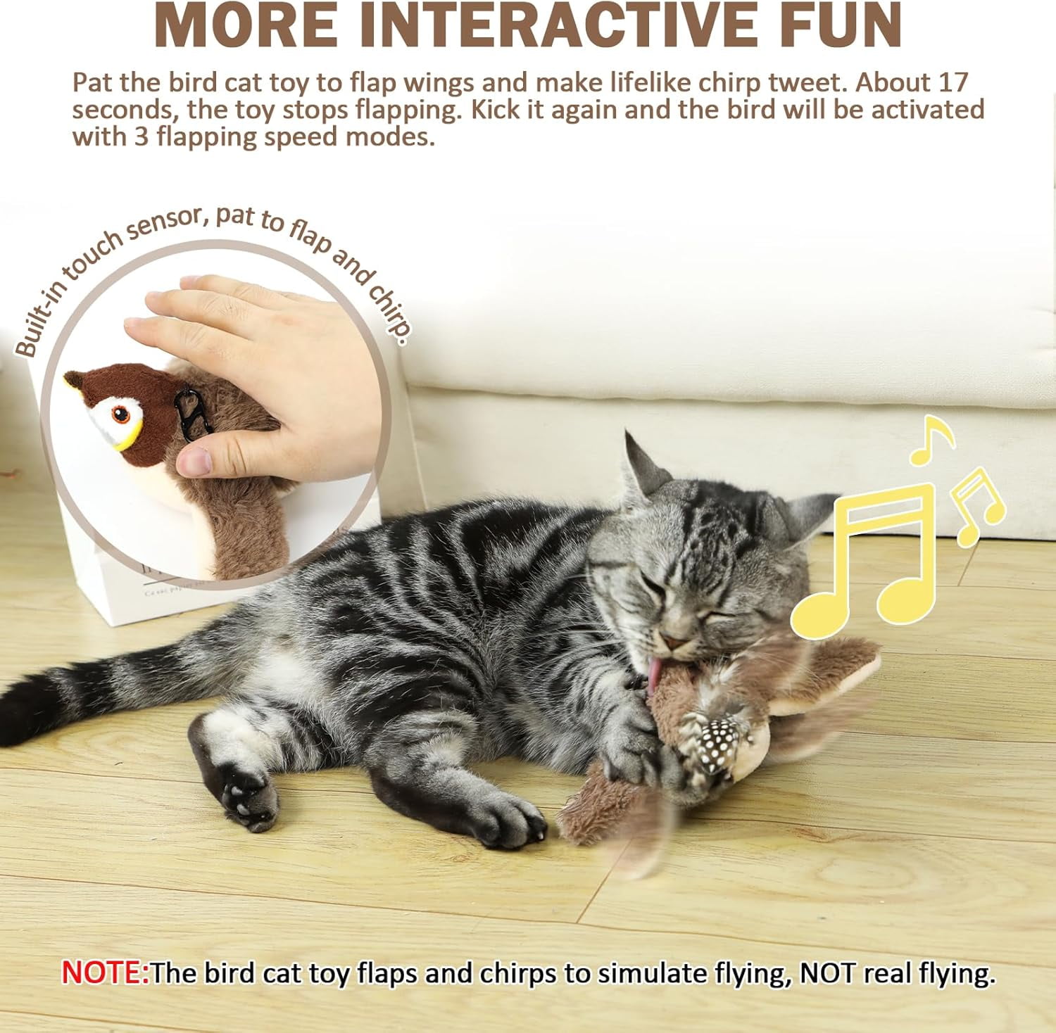 Interactive Chirping Bird Cat Toy No Flying, 2026 New Rechargeable Flying Interactive Flapping Chirping Bird Cat Toy for Indoor Adult Bored Cats