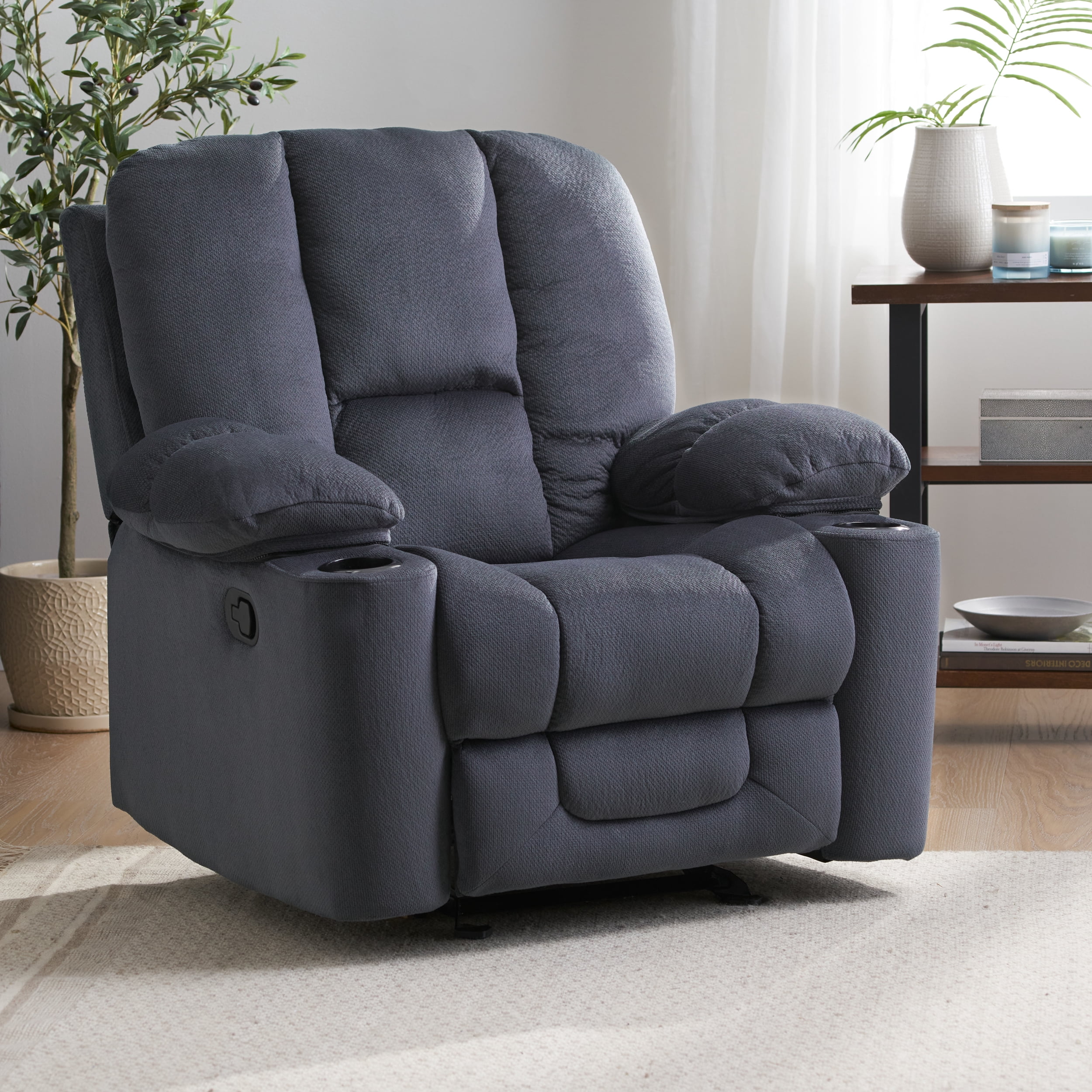 Euroco Luxurious Manual Recliner Chair in Silver with Skin-Friendly Fabric and Dual Cup Holders