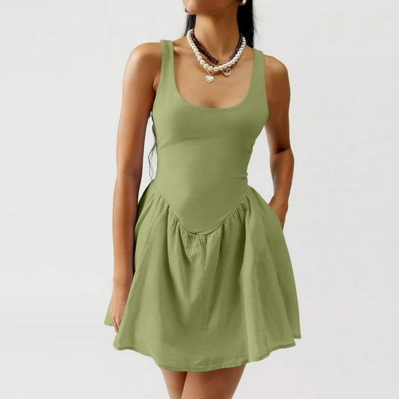 Blmnix Sleeveless Dresses for Women Green Mini Fancy Fashion Going Out Solid Backless Casual Ladies Dresses