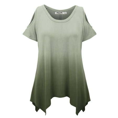 MBJ WT1093 Womens Ombre Round Neck Short Sleeve Cut Out Off Shoulder Top XXXL OLIVE