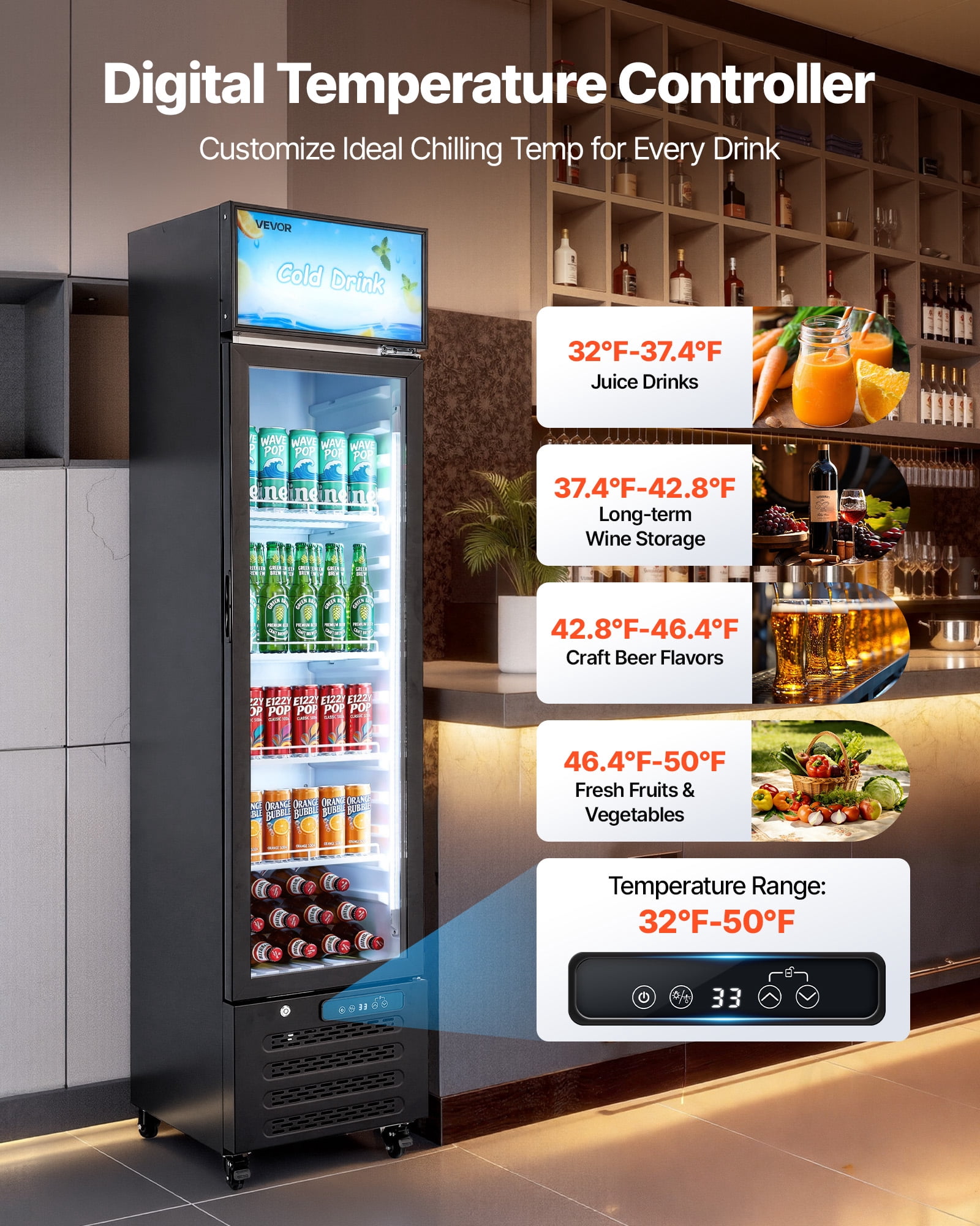 VEVOR Commercial Merchandiser Refrigerator, 7.5 Cu.Ft / 213 L Glass Door Display Refrigerator, Upright Beverage Cooler with Customizable Lightbox,4 Adjustable Shelves & Soft LED Light for Homes Shops