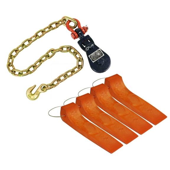 (1) 2 Ton 3" Snatch Block w/ Chain Flatbed Tow Truck Rollback Wrecker Car Carrier Cable (4) Tire Skates for Tow Truck Wrecker Rollback Carrier Safety Orange