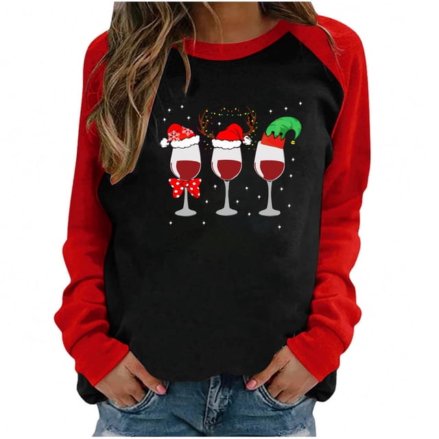 Camiseta de manga larga con estampado navideño informal con cuello redondo para mujer, blusa con parches, Tops a la moda Pompotops gfhjh4313