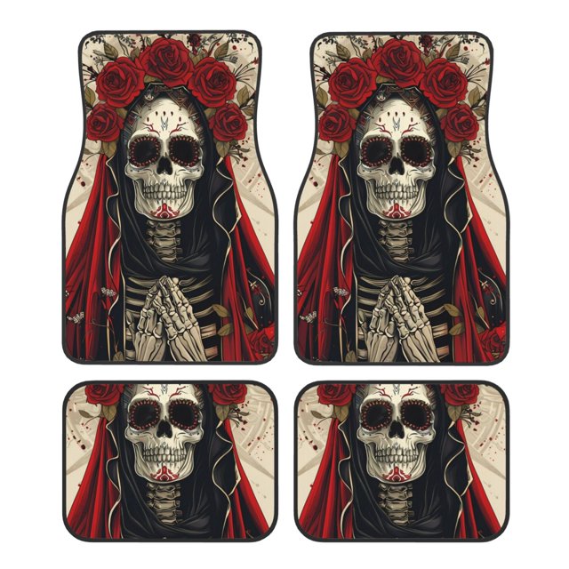 Balery Gothic Skull With Roses Juego de 4 Alfombrillas para Auto, Revestimientos de Caucho Resistente, Diseño Antideslizante