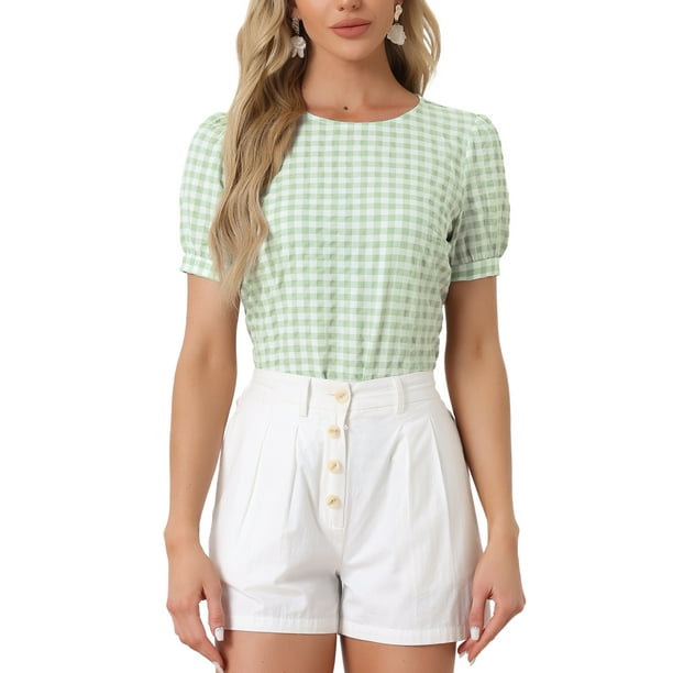Edición INSPIRE CHIC Camisetas Vintage de Cuadros para Mujeres con Mangas Cortas Abullonadas y Cuello Redondo Camisa Blusa S Verde Claro