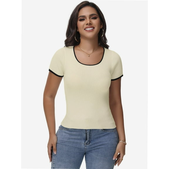 Women's Short Sleeve Square Neck T Shirt Color Block Slim Fit Summer Basic Tee Tops