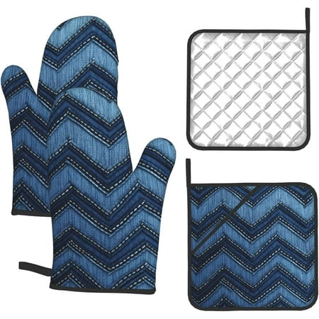 

4 pcs Oven Mitts and Pot Holders Set Gradient Blue Denim Oven Mitt Heat Resistant Oven Gloves for Cooking Non-Slip Hot Pads Washable Cooking Gloves for Baking BBQ Microwave