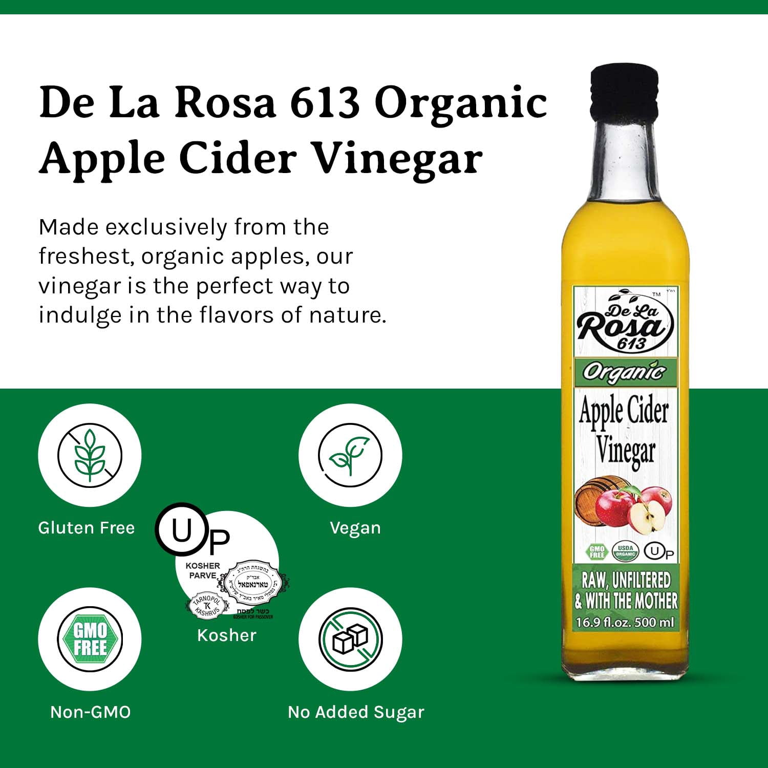 De La Rosa 613 Organic Apple Cider Vinegar, Raw & Unfiltered, Kosher for Passover, 16.9 Oz (Pack of 2)