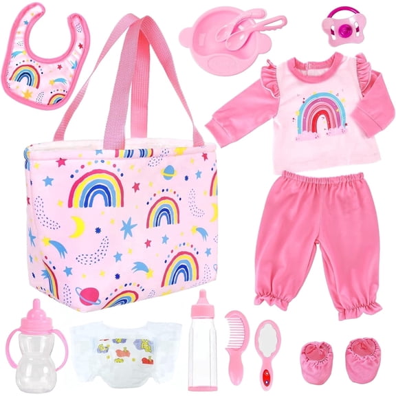 TDDS9 13 Pcs Baby Doll Accessories, Baby Doll Feeding and Caring Set Includes Diaper Bag, Doll Diapers, Baby Doll Clothes for Girl Toddler Kid, Pretend Play Set for Birthday Gift Christmas