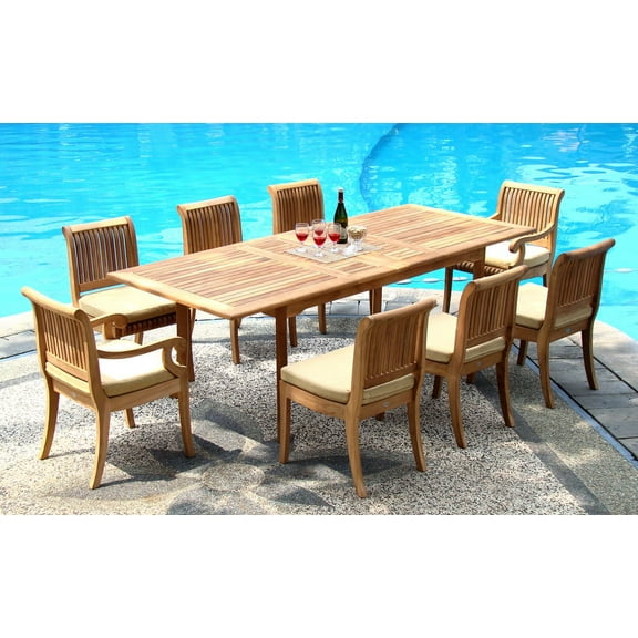 Teak Dining Set:8 Seater 9 Pc - 94" Double Extension Rectangle Table & 8 Giva Chairs (6 Armless & 2 Arm / Captain) Outdoor Patio Grade-A Teak Wood WholesaleTeak #WMDSGVk