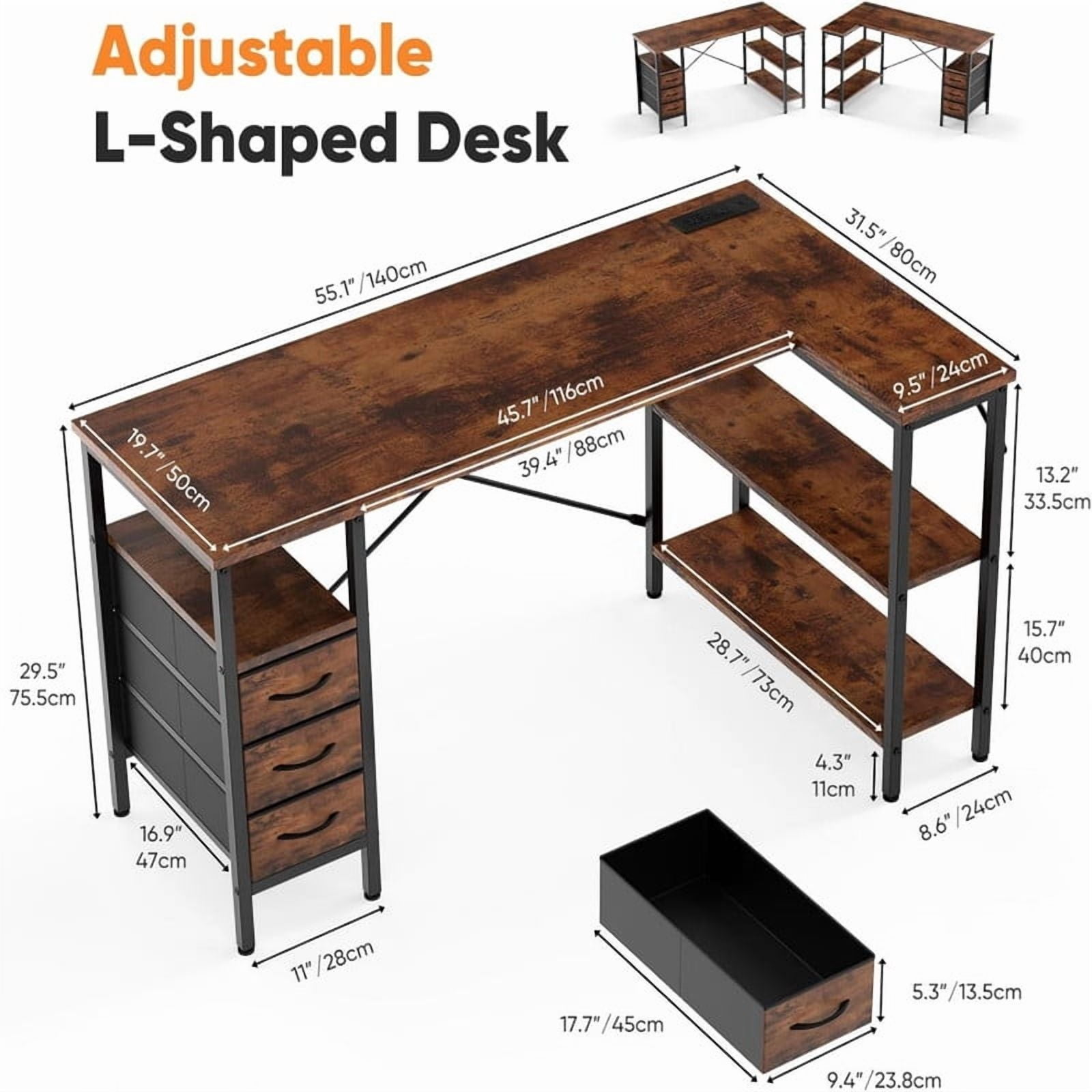 Kelno 55 Inch L Shaped Computer Desk with Power Outlets Adjustable Shelf 3 Fabric Drawer,Rustic Brown