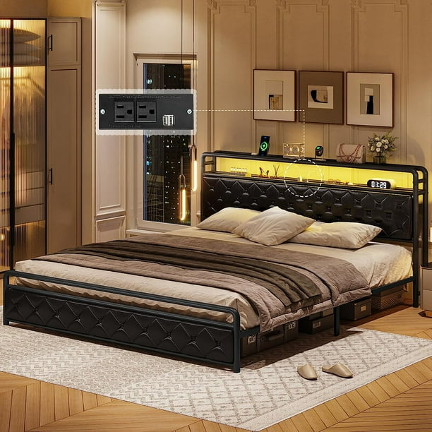 King Led Bed Frame With Storage Headboard Faux Leather King Size Platform Bed Frame With Power King Led Bed Frame With Storage Headboard Faux Leather King Size Platform Bed Frame With Power