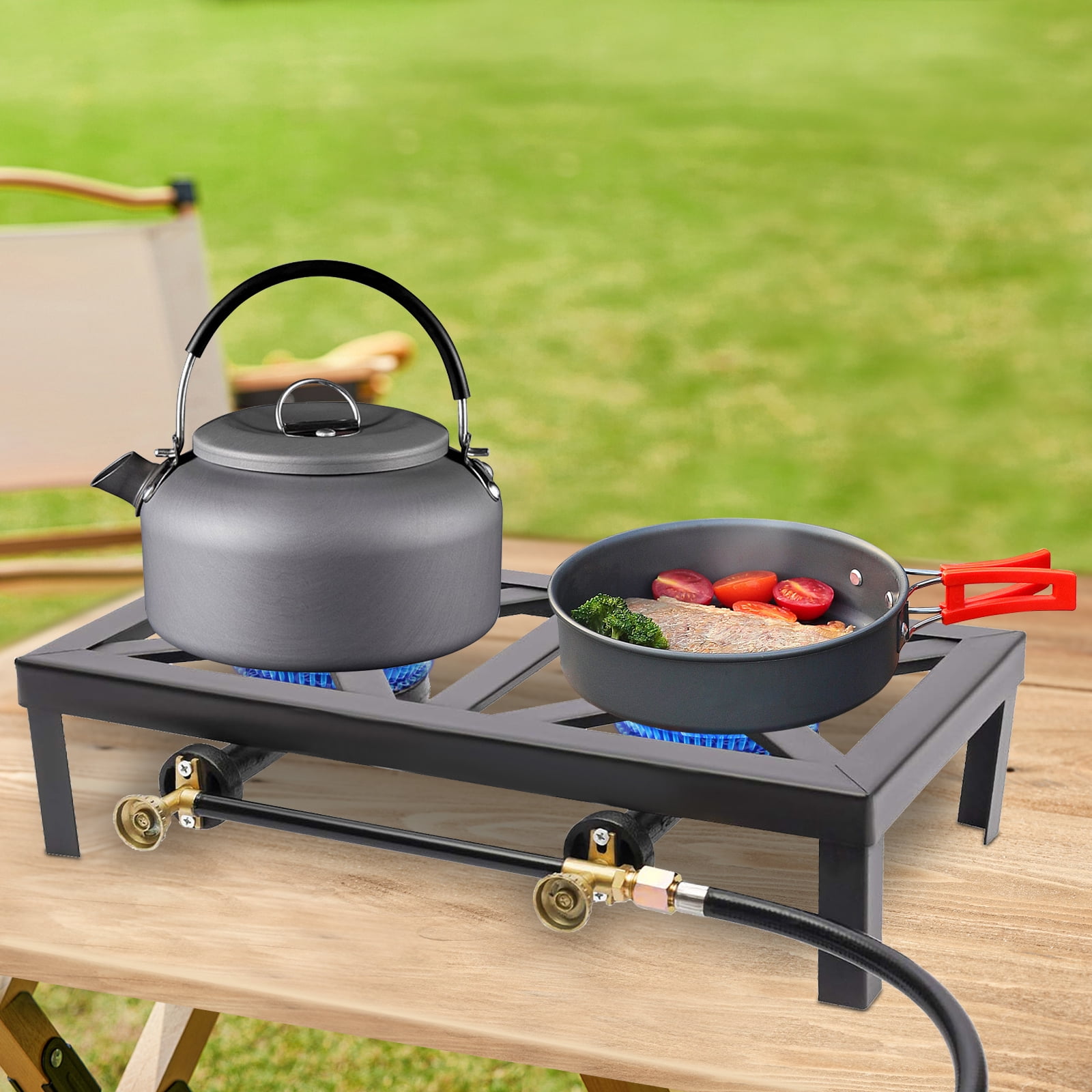 Portable Gas Camping Stove – Dual Burner, 8000W Power, Sturdy Cast Iron, Easy To Use & Clean, Ideal for Outdoor Cooking, Picnics, BBQs, and Camping Adventures