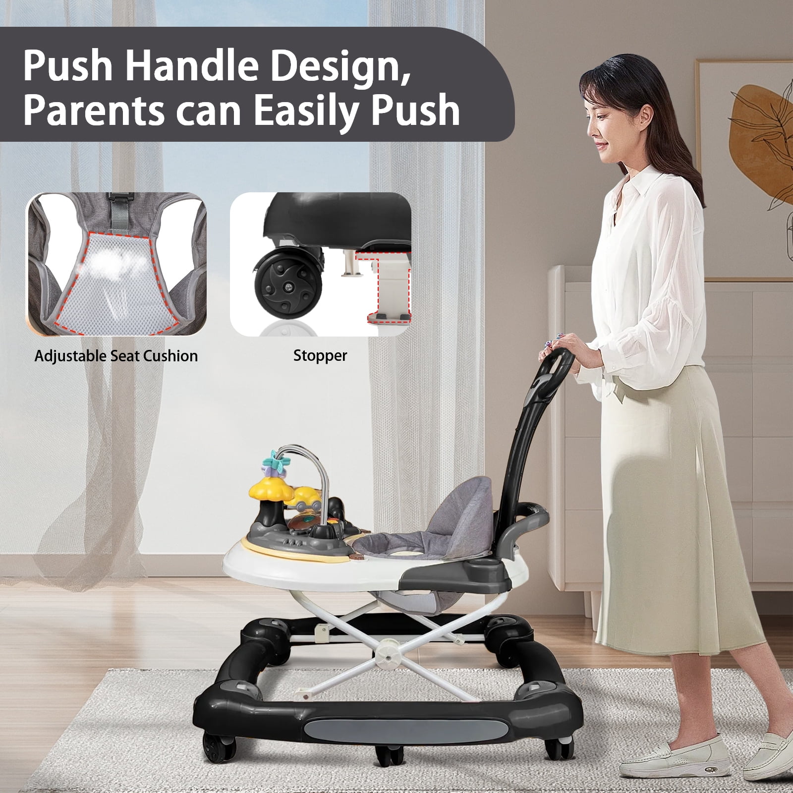 OUYI Foldable Baby Walker for Newborn & Toddler Safe - Sunshade, Foldable for Portability, Black