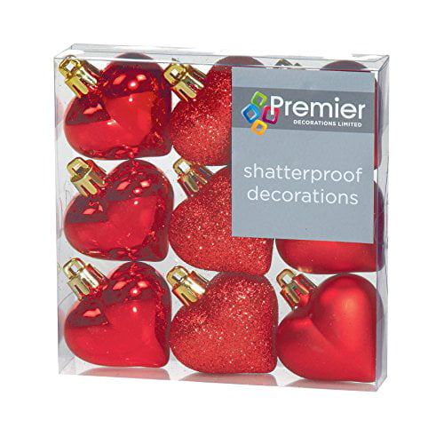 Red Christmas Decorations 9 Pack 40mm Multi Finish Heart baubles
