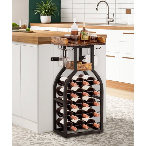 Enogets Freestanding  Wine Rack Vintage Design, Wooden Wine Stand for 15 Bottles & 6 Glasses