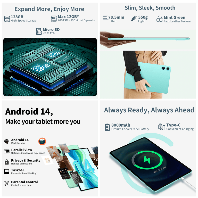ODEA 12 inch Tablet Android 2K 2000x1200 Display, A12 Android 14