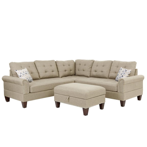 Poundex 3 Piece Fabric Sectional Sofa Set with Storage Ottoman in Beige