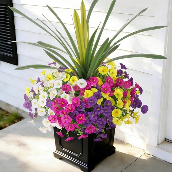 INXUGAO Artificial Flowers for Outdoors Fake Plants Outside, 12 Bundles Silk Morning Glory with Eucalyptus Orchid Leaf UV Resistant Realistic Faux Porch Planter Garden Patio (Mix Color)