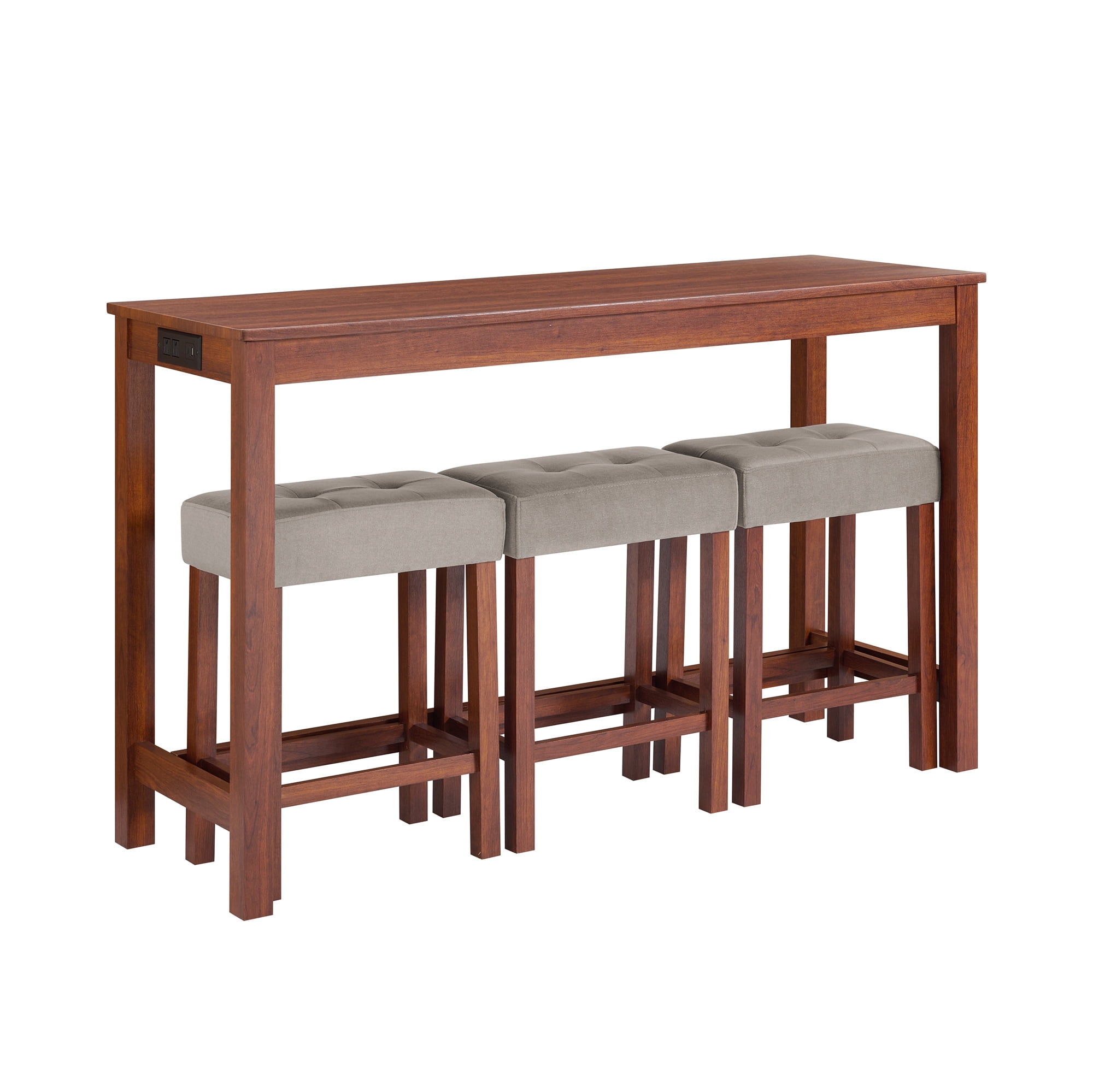 Aukfa 59" Bar Table Set with Charging Station, 4-Piece Counter Height Kitchen Island Set,3 Upholstered Stools,Cherry