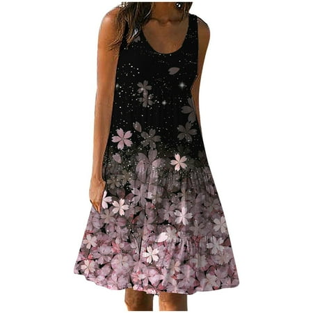QYZEU Womens Summer Dress Midi Dress for Women Women Crew Neck Sleeveless Flower Print Beach Dress Tank Dress Swing Dress Fashion Loose Midi Dress Pink S