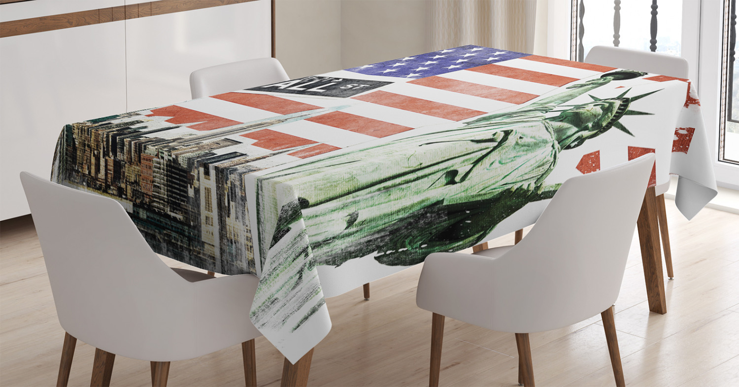 American Flag Decor Tablecloth, NYC Collage with Famous Monuments Wall