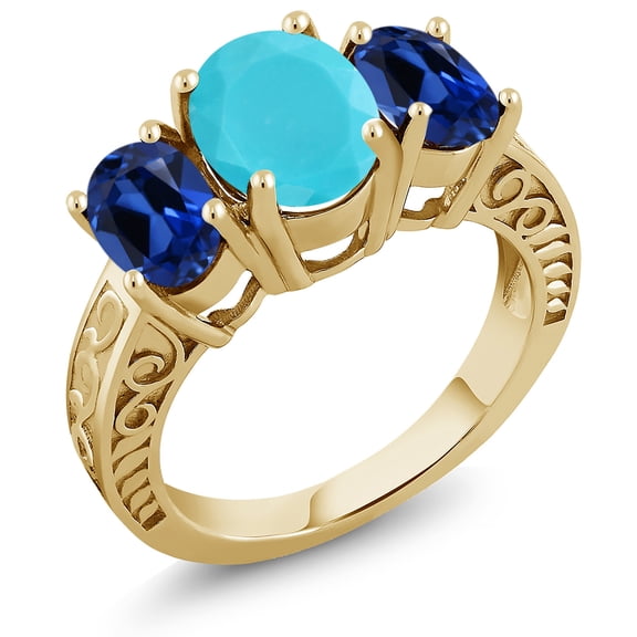 Gem Stone King 3.50 Ct Green Turquoise Blue Created Sapphire 18K Yellow Gold Plated Silver Ring (Size 5)