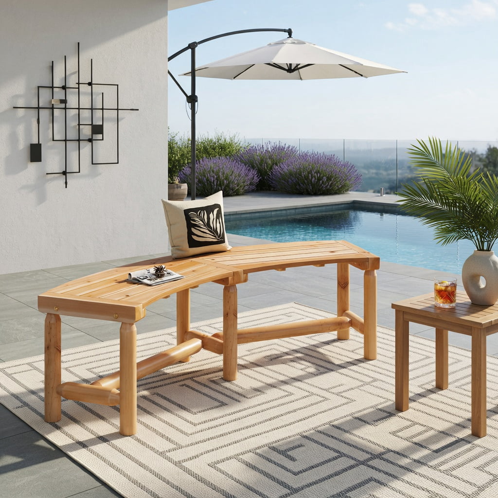 Hommoo Outdoor Curved Wooden Patio Bench, Solid Pine and Fir Fire Pit Loveseat for Backyard, Garden, Poolside, Natural