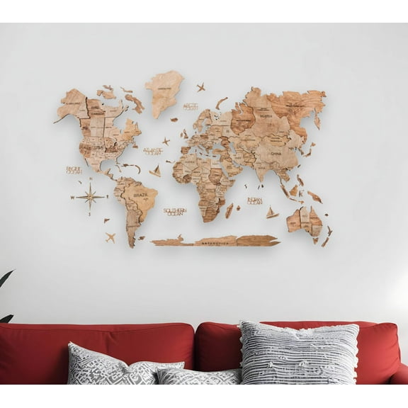 35" X 59" Wood Brown Wood World Map Hanging Dimensional Sculpture