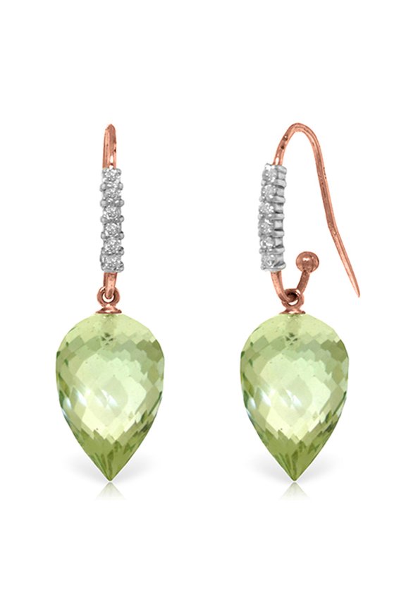14k Rose Gold Fish Hook Earrings with Diamonds and Pointy Briolette Green Amethysts
