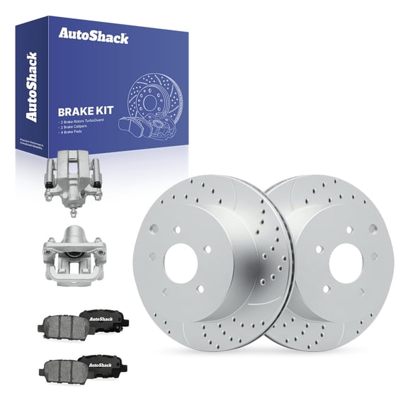 AutoShack Rear Vented Drilled & Slotted Coated Brake Rotors Silver Matte Finish   Ceramic Pads   Calipers 8-PC Brake Kit Replacement for 2003-2007 Nissan Murano TurboGuard 12.13" (308 mm)