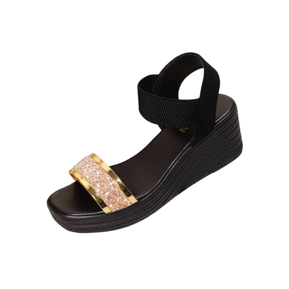hoksml Women's Rhinestone Wedge Sandals Open Toe Elastic Ankle Strap Summer Casual Dressy Shoes
