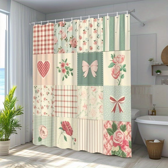 1 Piece Vintage Floral and Plaid Patchwork Shower Curtain, Pastel Rose with Heart and Bow Patterns, 70x 60inch cm, Includes 12 Hooks - Washable Polyester Fabric for Bathroom Decoration