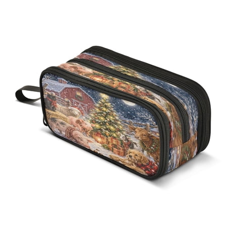 Pencil Case for Girls Boys Large Capacity 3-Layer Pencil Bag with Print Kids Supplies Winter Farm Animals Pattern