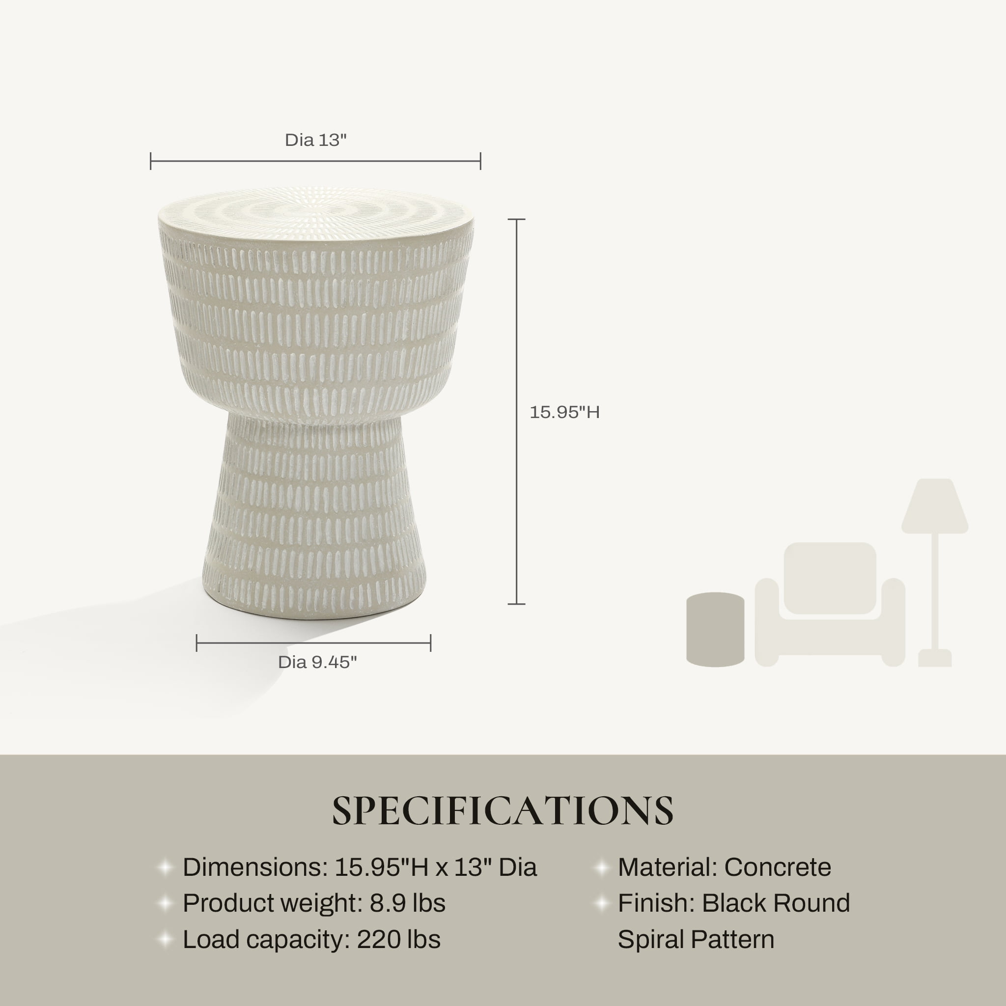 LuxenHome Outdoor Side Table, 15'' Off White Round Spiral Pattern Accent End Table, Indoor Outdoor Coffee Tables for Patio, Living Room, Backyard,Garden Stool and Plant Stand