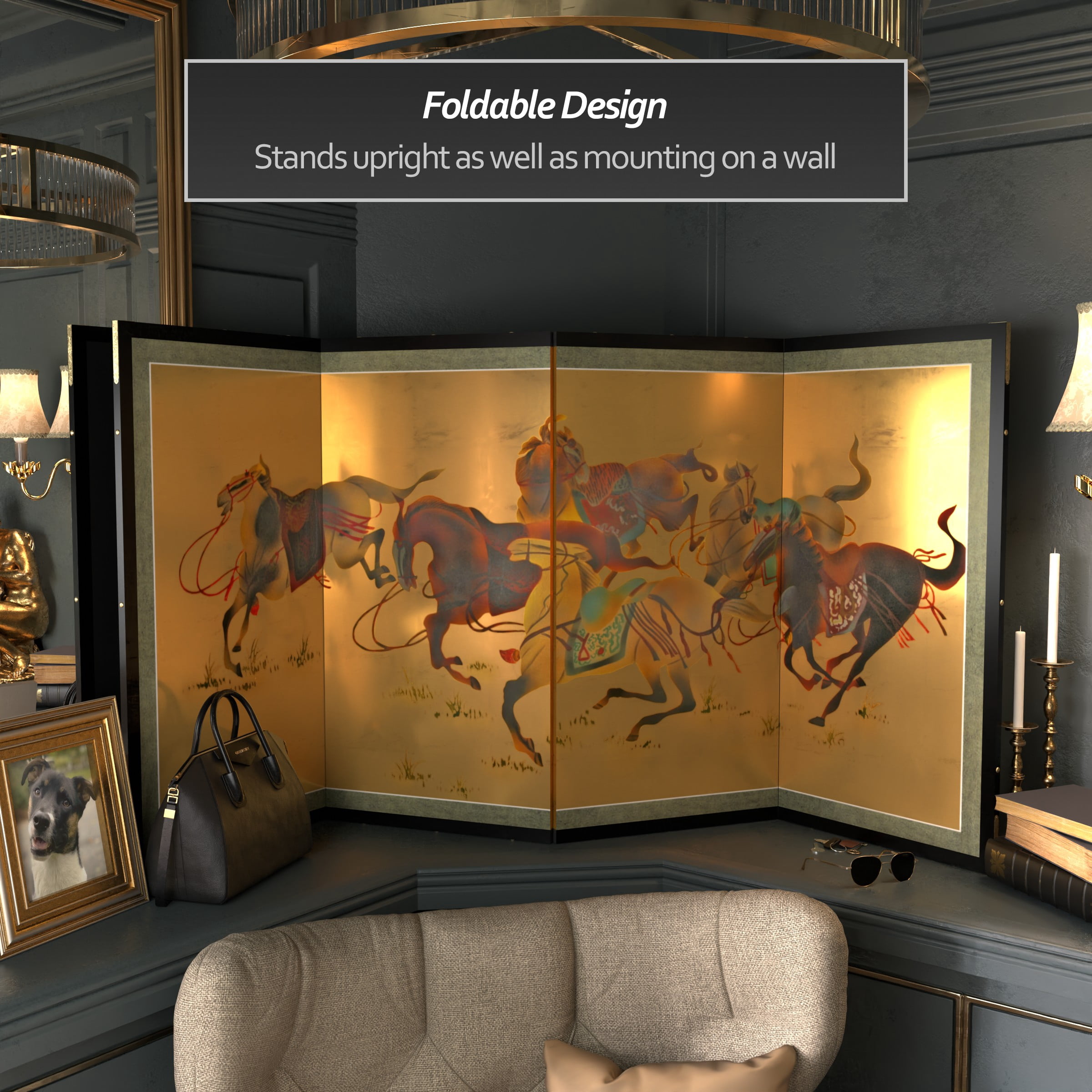 6ft. Long Handpainted Goldleaf Chinese Silk Wall Art Screen - 6 Saddled Horses