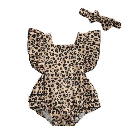 

Canrulo Newborn Baby Girls Leopard Print Square Neck Flying Sleeve Short Pants Romper Khaki 6-12 Months