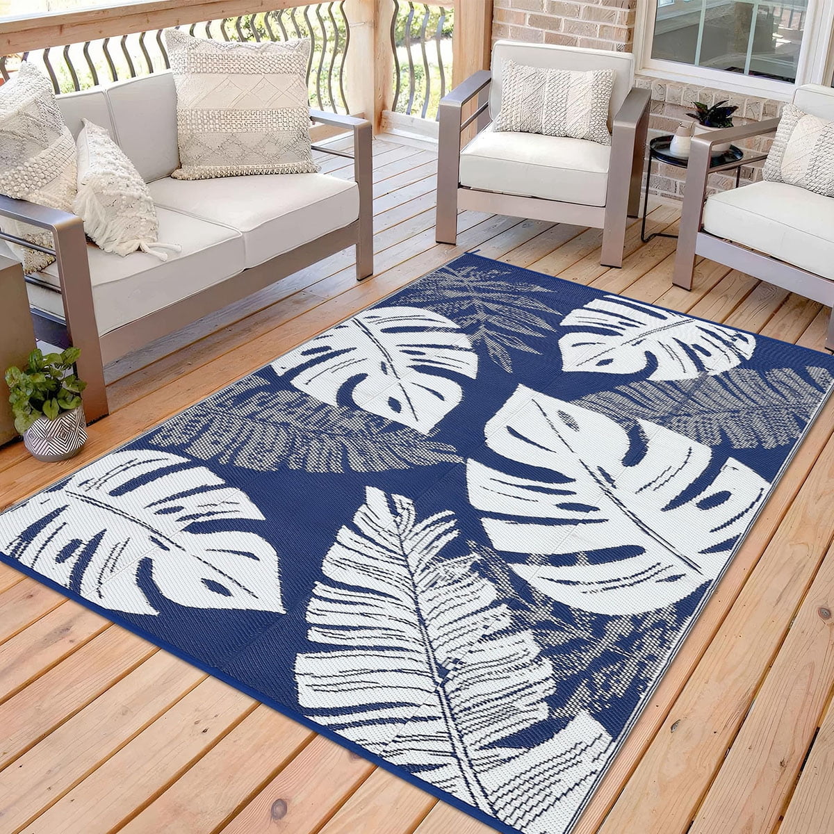 Ataucjin Large Outdoor Rug,8*12ft Waterproof Plastic Straw Rug, Modern Tropics Palm Leaves Camping Rug for Patio, Reversible Mat for Outside Patio RV Porch Deck Balcony