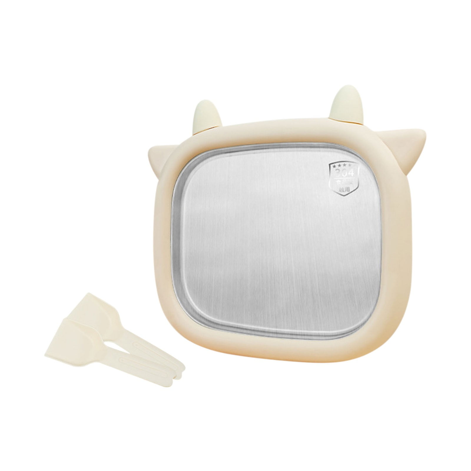 1Pack Cute Cow-Shaped Instant Ice Cream Roll Maker, Beige 10.24x8.86in Food-Grade Stainless Steel Tray with Scrapers, No-Electric Homemade Frozen Yogurt & Sorbet Maker